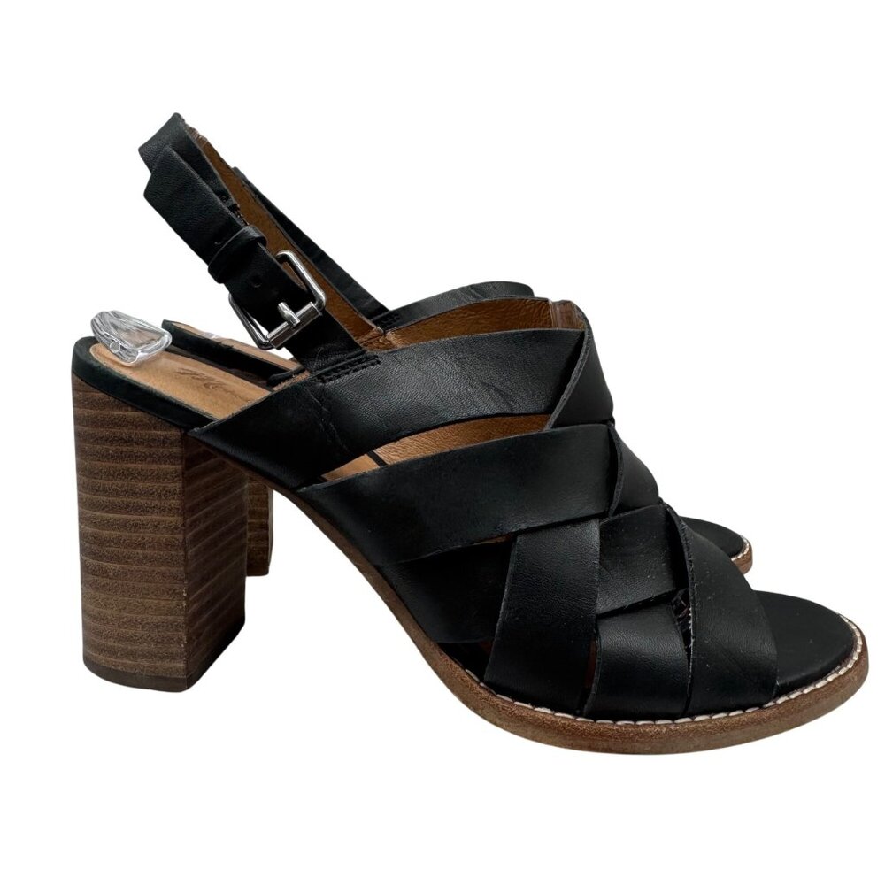 Madewell Cindy Black Woven Leather Peep toe  Block Heel Boho Sandal Women sz 8.5